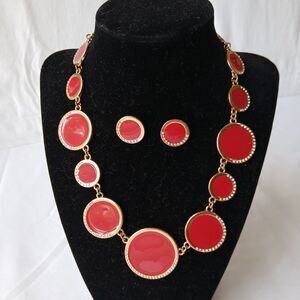 Charming Charlie Necklace Earring Set Red Enamel Gold Tone Rhinestone Discs 20"